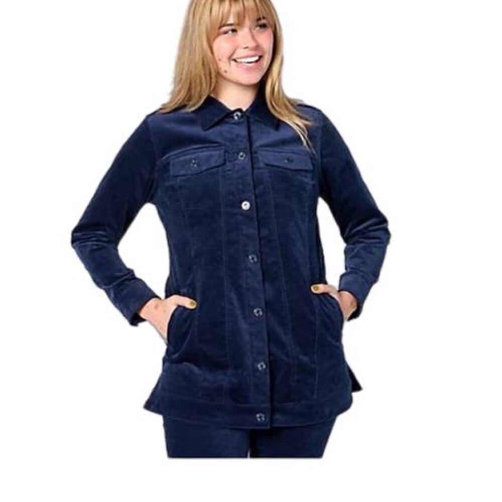 Denim & Co. Adaptive Stretch Velveteen Hip Coat Jacket Blue Medium NWOT